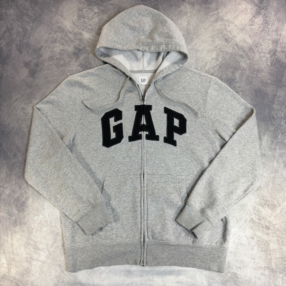 GAP Full Zip Hoodie Mens Medium Gray Black Logo Fleece Sweatshirt